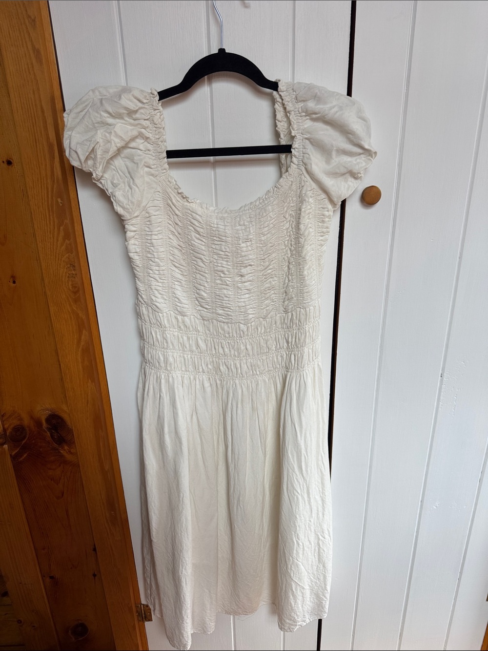 Smocked Puff Sleeve Midi Dress - White